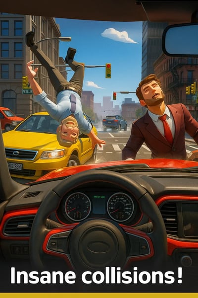 A man is falling out of a car in a sandbox city game.